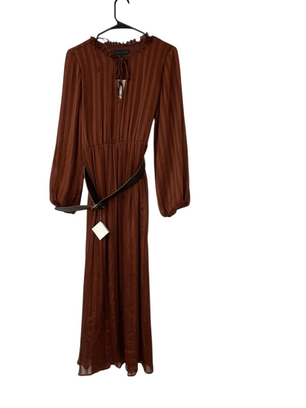 Zara Women Belted Midi Dress Medium Brick Ruffle Collar Puff Sleeve 4387/231 NWT - Picture 2 of 15